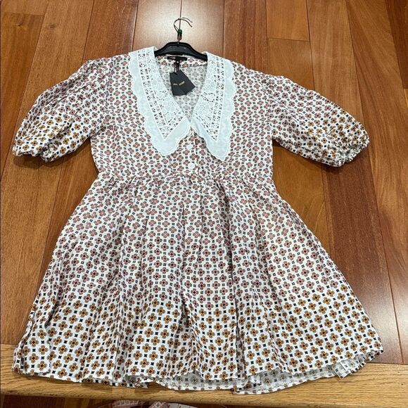 NWT Maje Romelange Geometric Print Linen Removable Lace Collar Dress size 40 - Picture 3 of 14